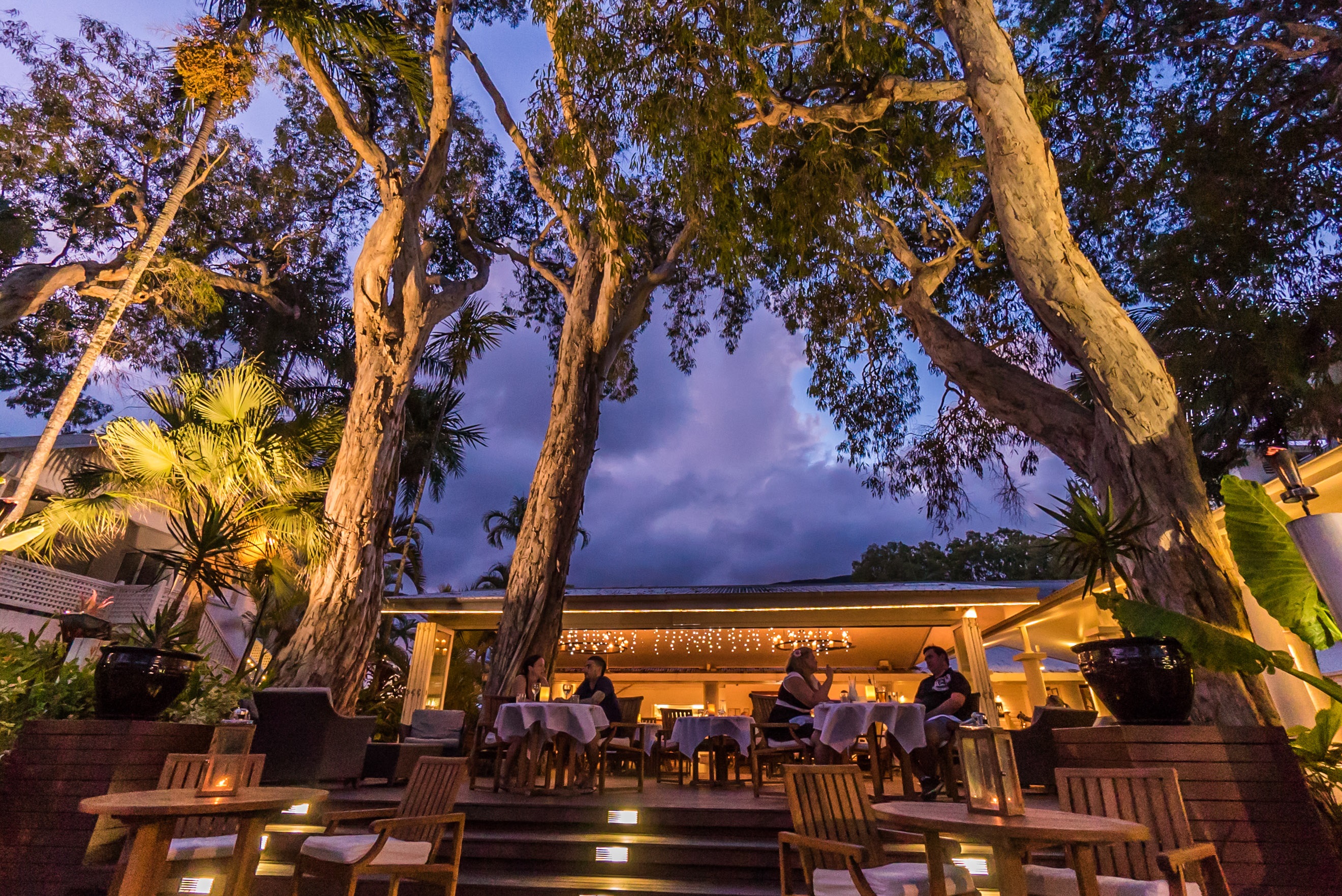 <p>パームコーブの真ん中、樹齢300年の木々と</p>
<p>海を目の前に眺めることが出来るオープンデッキが印象的なレストラン。</p>
